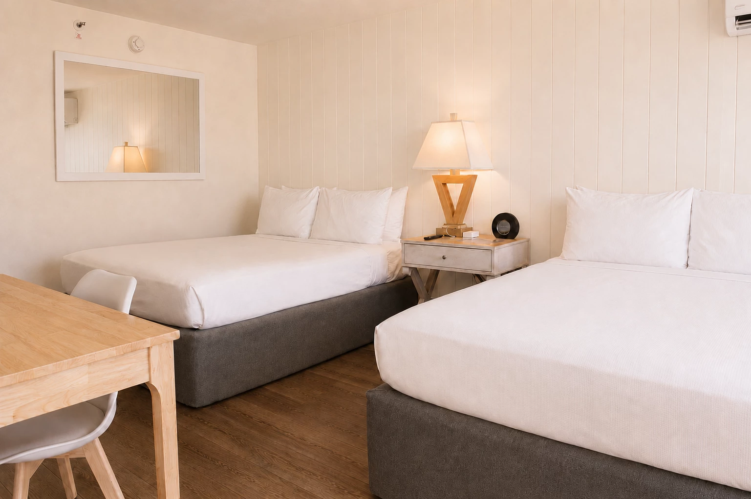 A hotel room with two twin beds, a desk, and a mirror