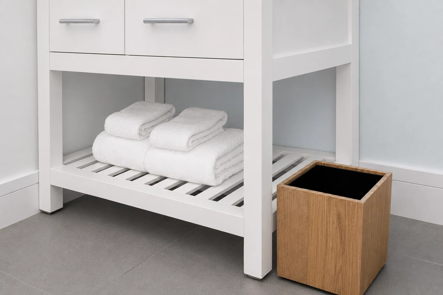 A bathroom with white towels and a wooden trash can