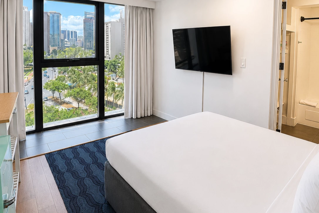 A hotel room with a large bed, TV on the wall, and a window with a city view.