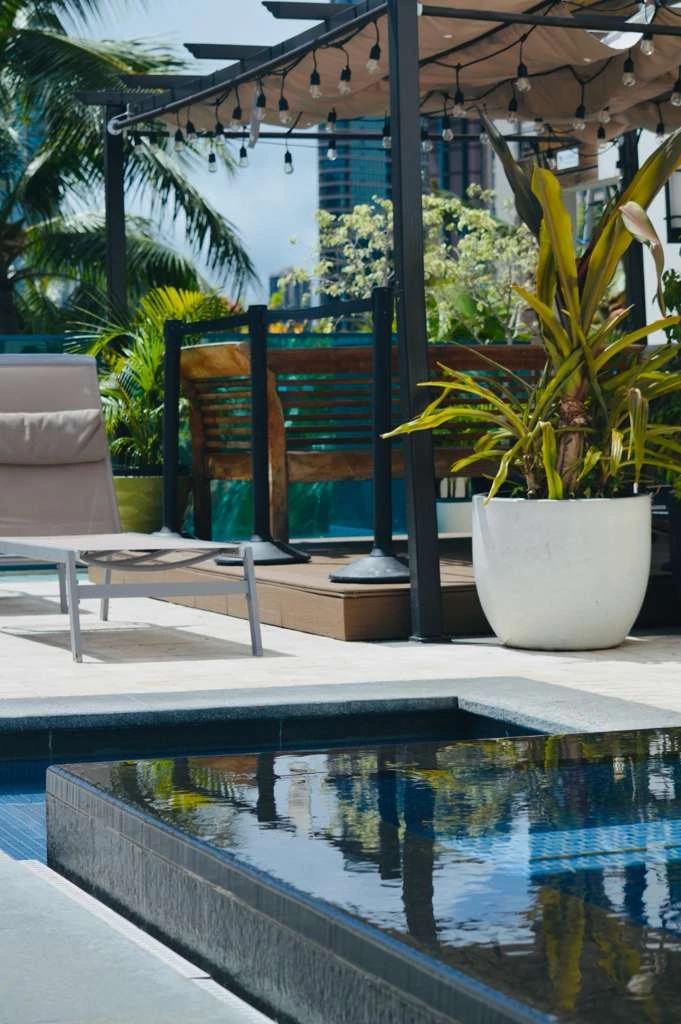 A poolside area with a lounge chair, potted plant, and pergola.