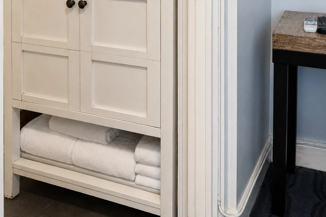 A white cabinet with towels on a shelf in a bathroom.