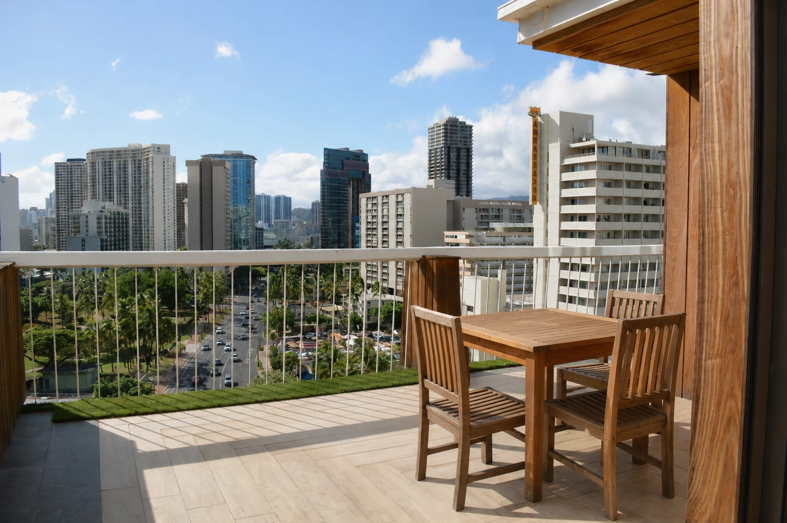 A balcony with a wooden table and chairs overlooking a cityscape.