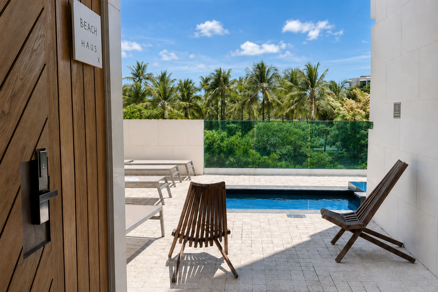A poolside area with a small pool, outdoor furniture, and a view of palm trees under a blue sky.