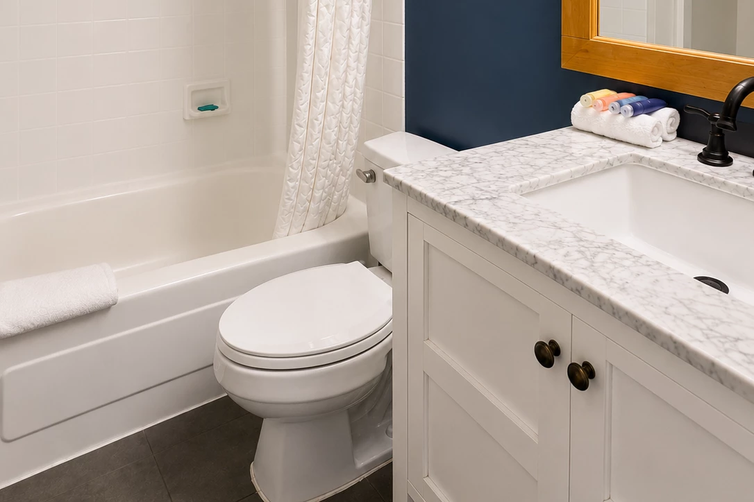 A clean bathroom with a bathtub, toilet, and sink with a marble countertop.