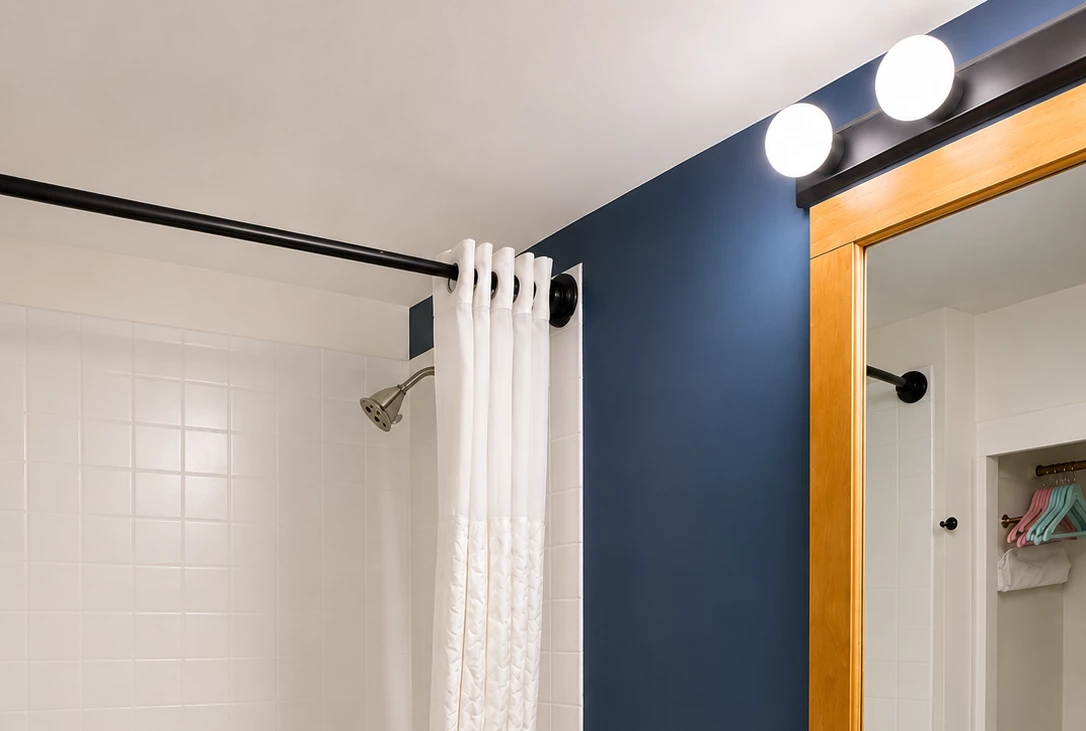 A bathroom with a blue accent wall, white tile, and a shower with a white curtain.