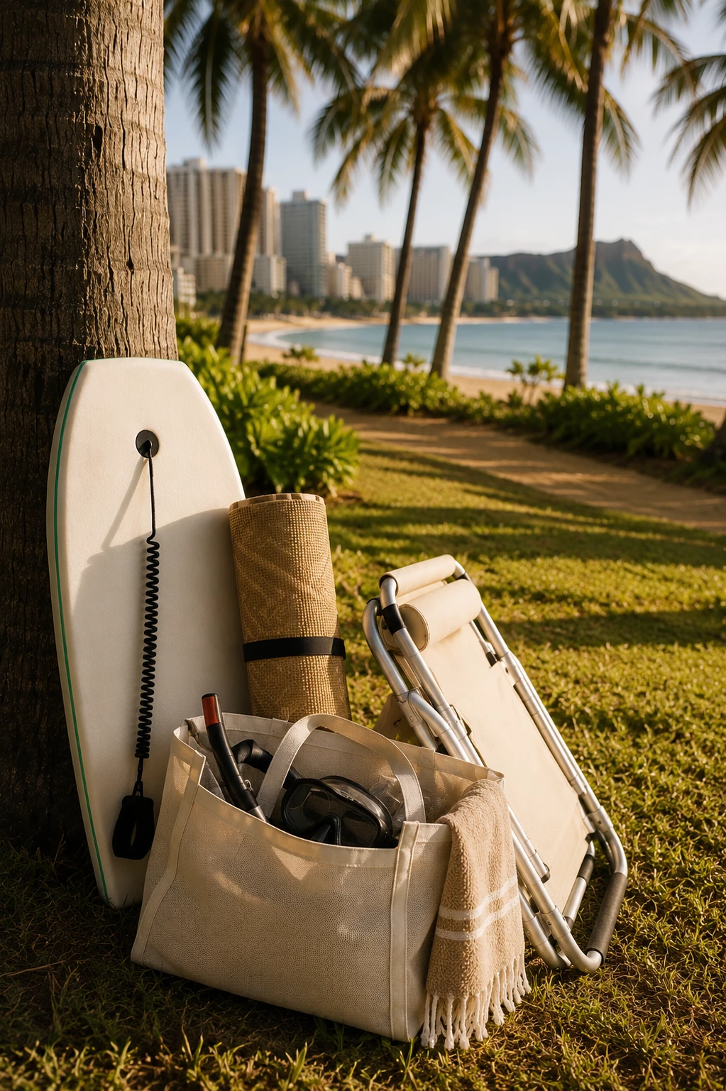 a surfboard and a bag next to a tree