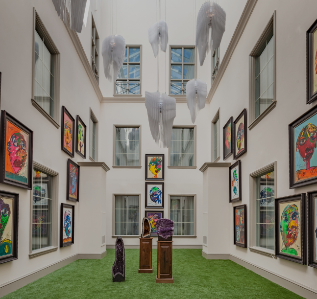 a room with art on the wall