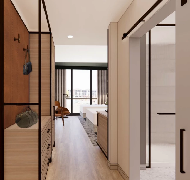 a hallway with a wood floor and a wood floor and a wood floor