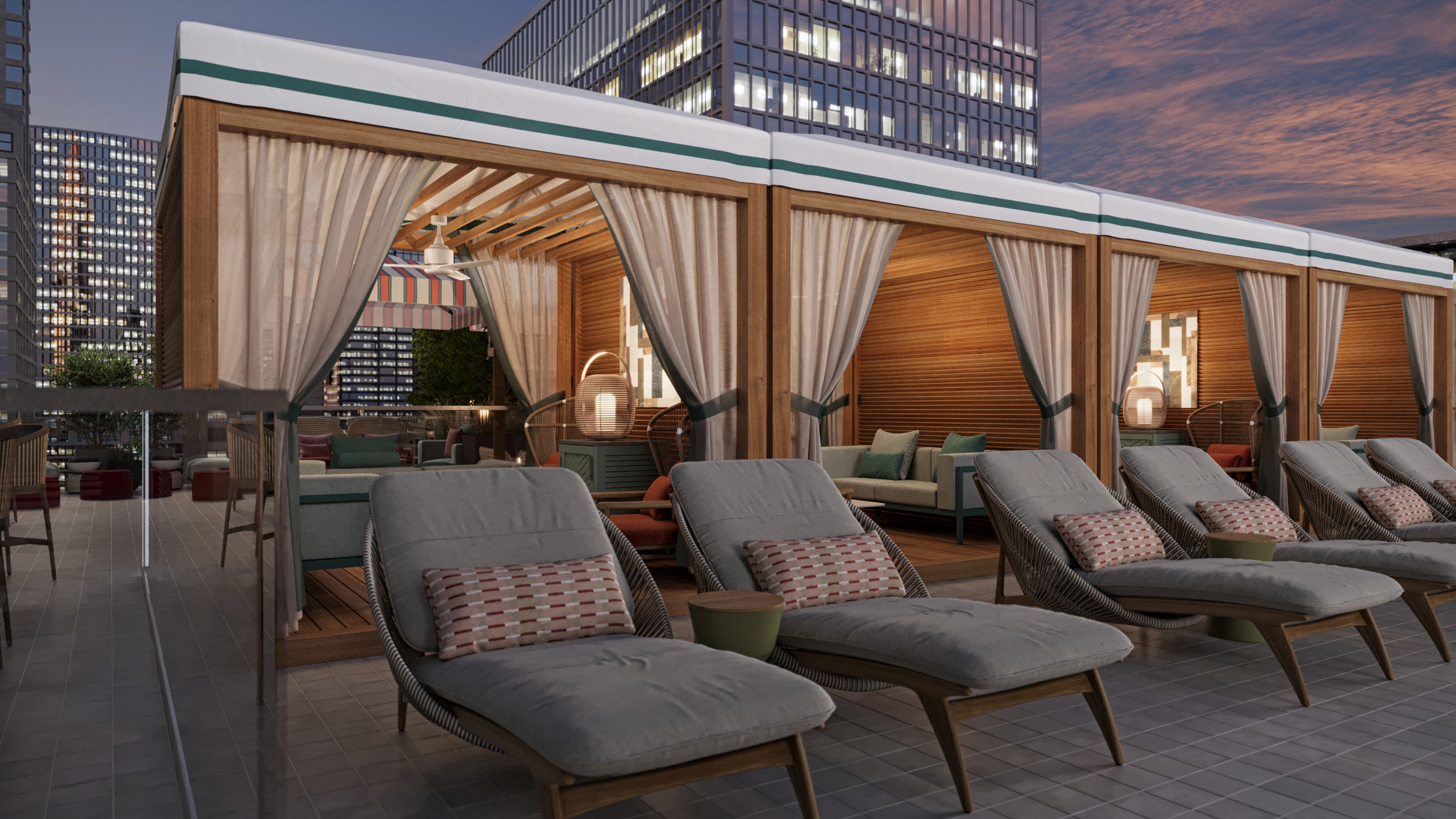 a group of lounge chairs on a rooftop