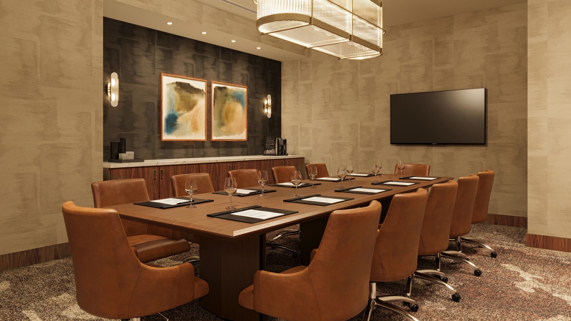 a conference room with a table and chairs