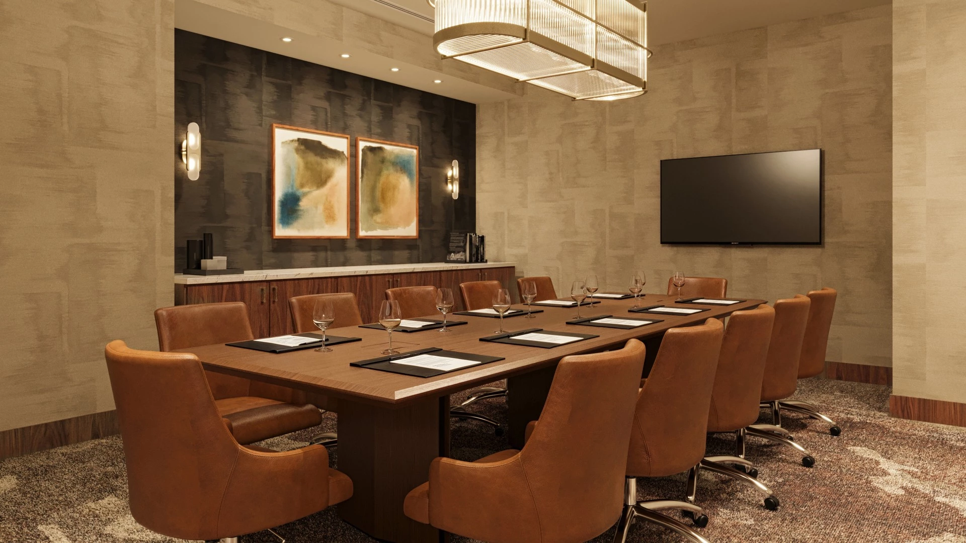 a conference room with a table and chairs