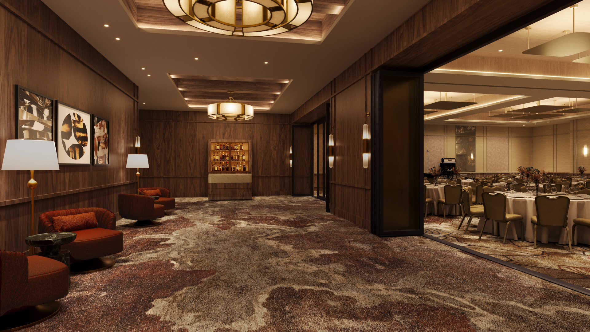 a room with a large carpeted floor and a large chandelier