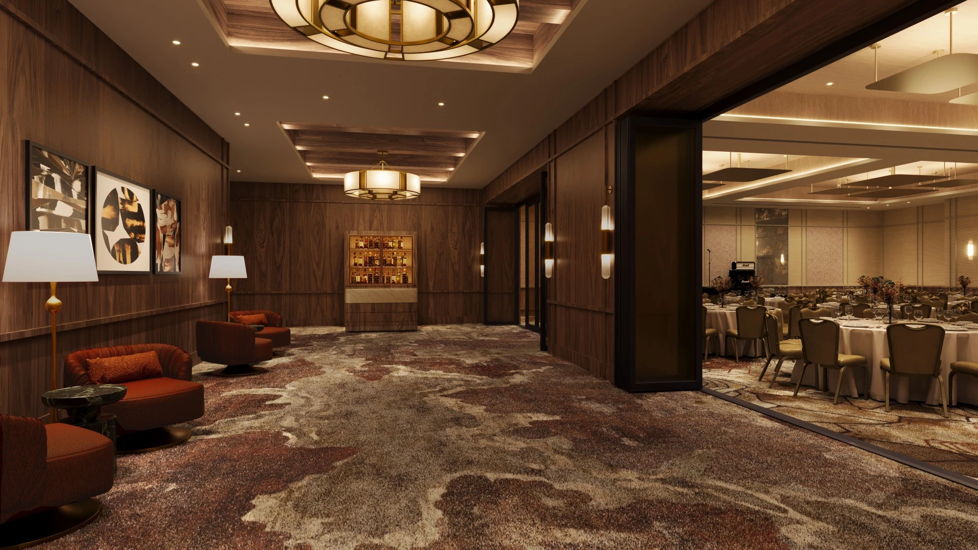 a room with a large carpeted floor and a large chandelier