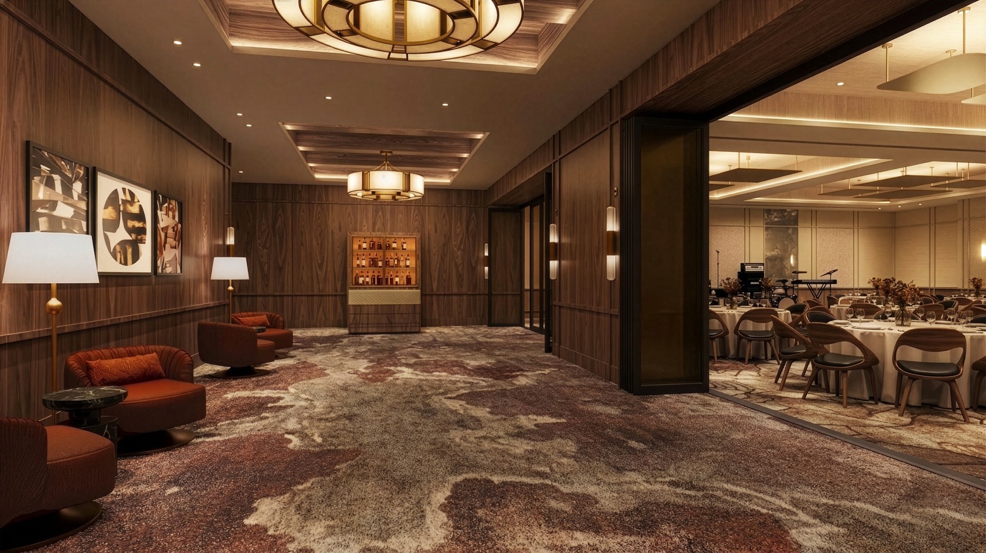 a room with a large carpeted floor and a large chandelier