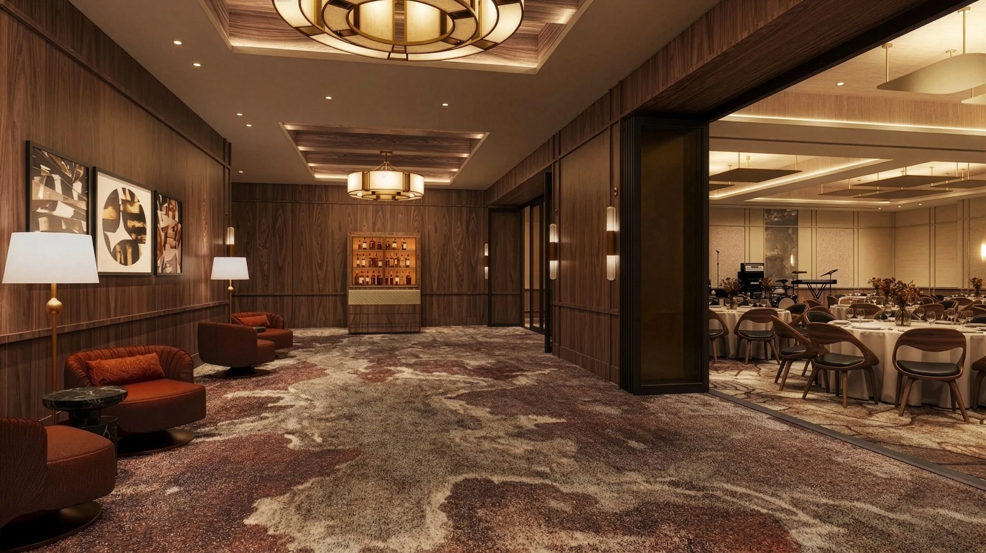 a room with a large carpeted floor and a large chandelier