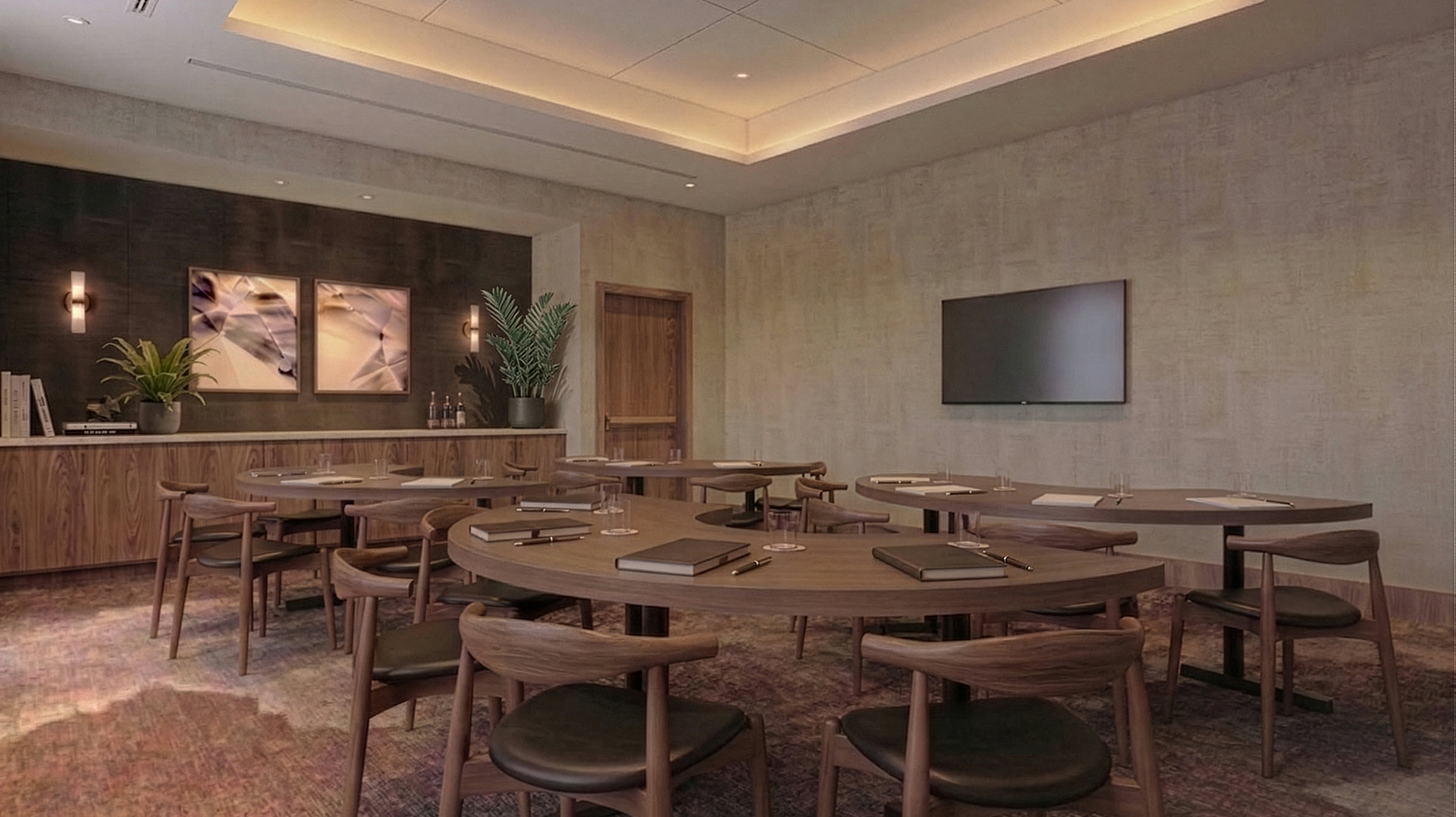 a room with a television and tables