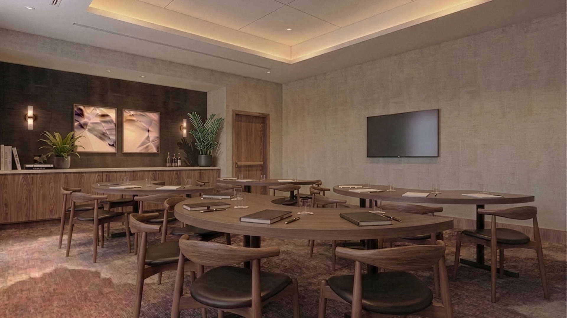 a room with a television and tables