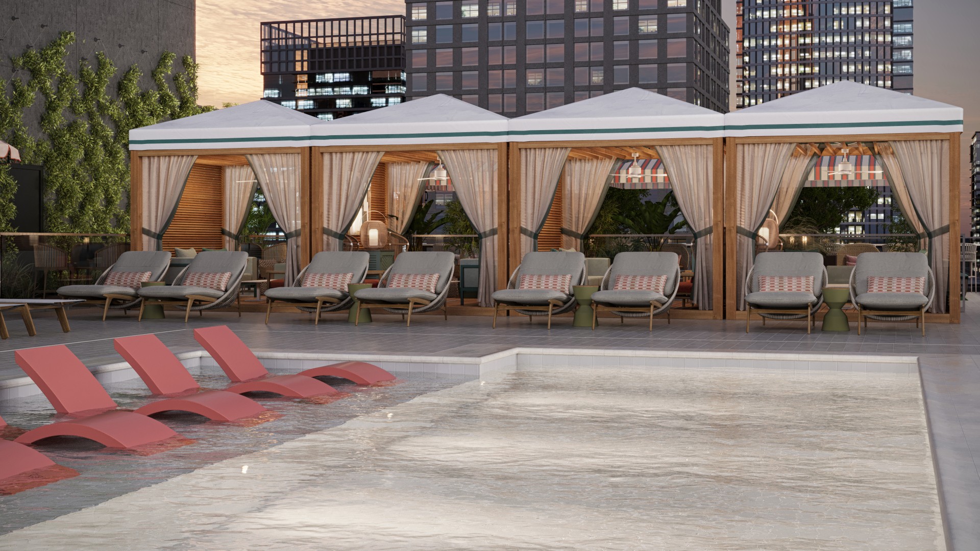 a pool with lounge chairs and a building in the background