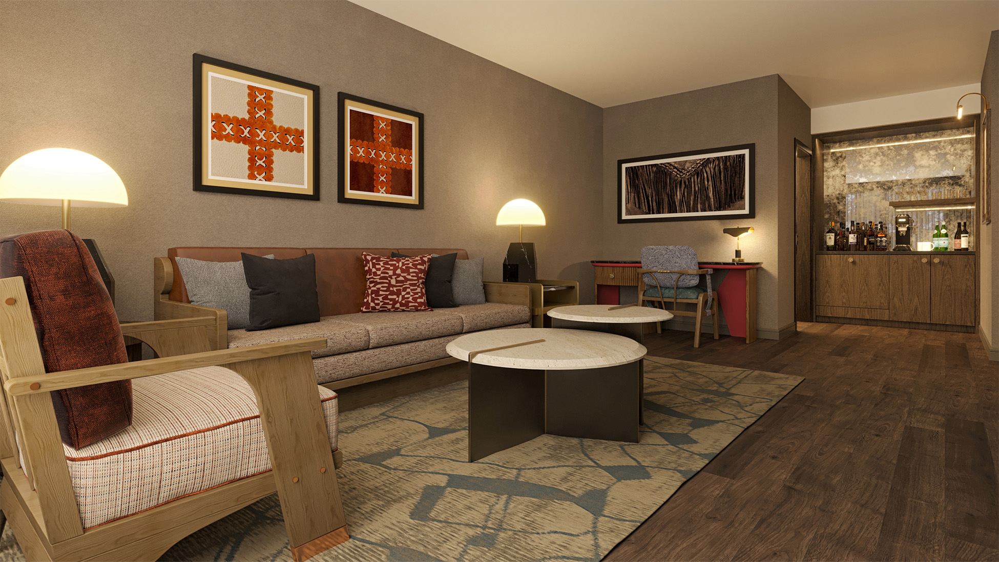 a living room with a couch and a table