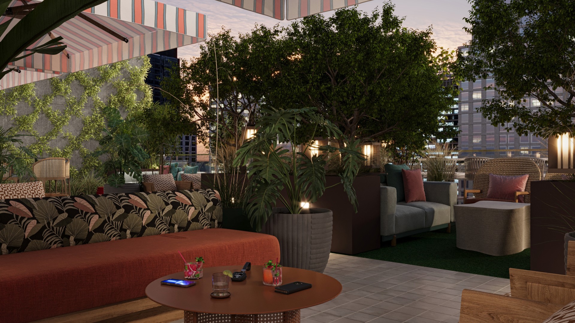 a patio with a couch and plants