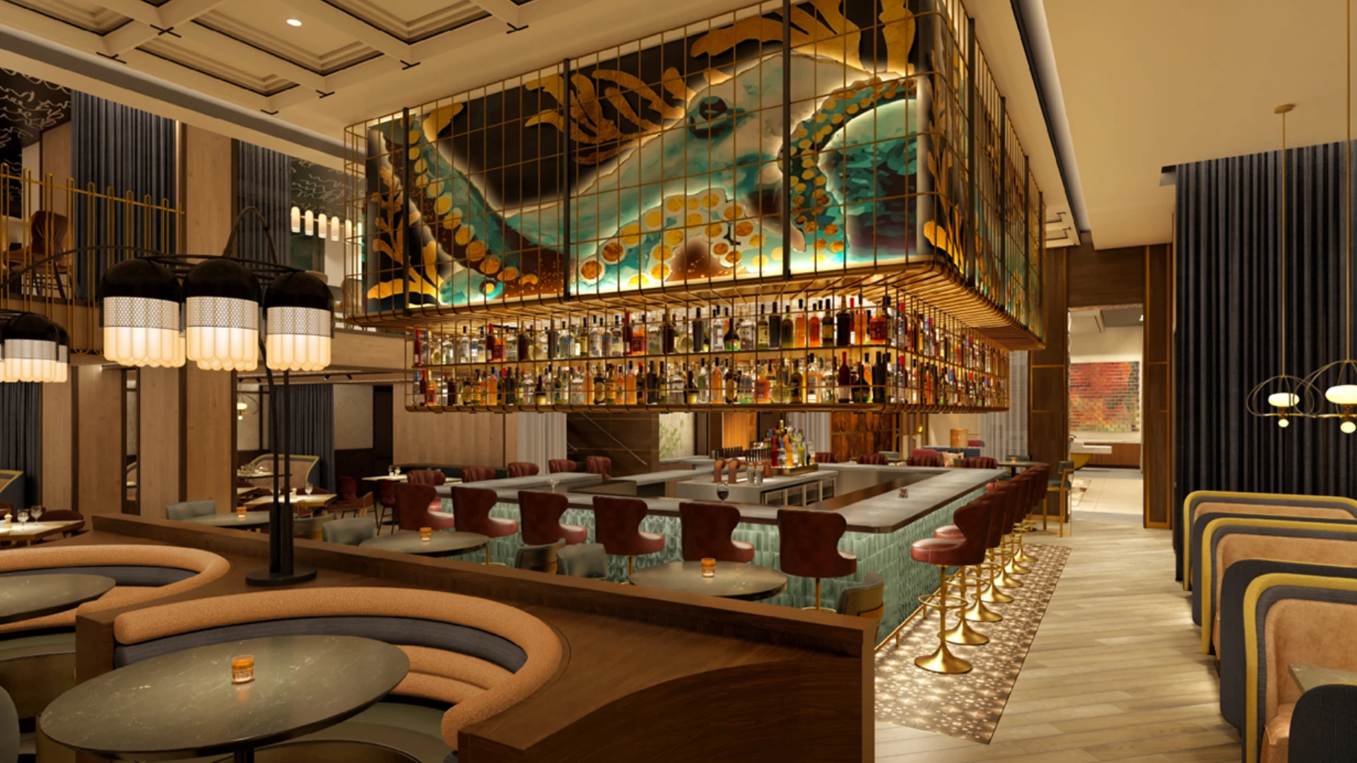 a bar with a colorful wall and a bar with chairs and a table