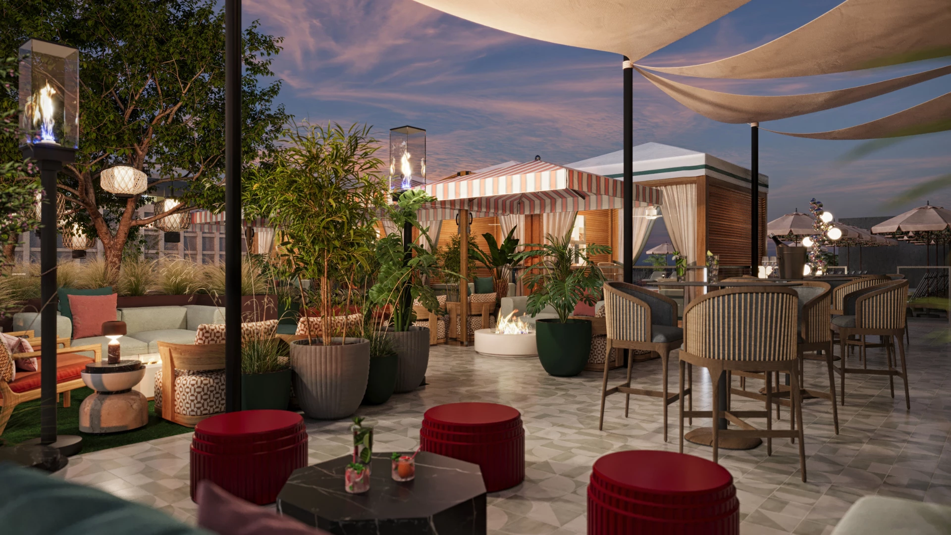 a patio with chairs and tables and plants