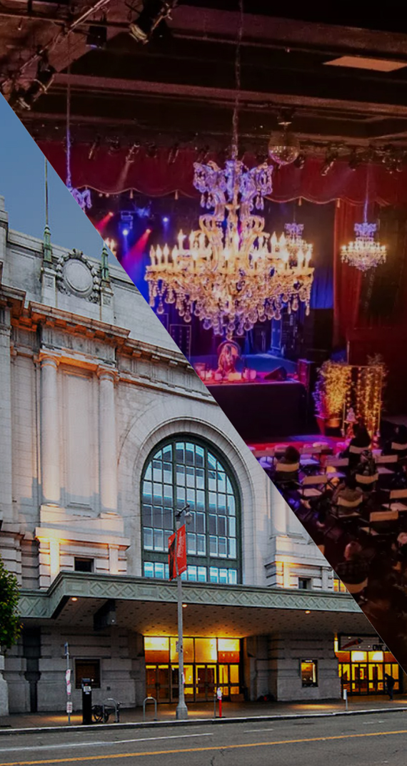 a collage of a building with a chandelier and a stage