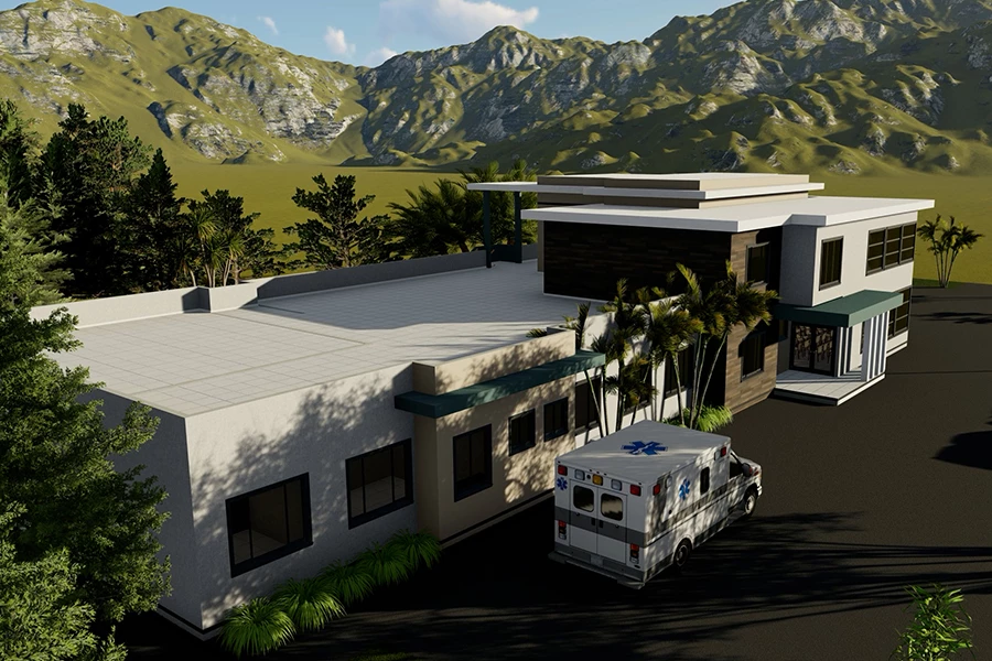 a white ambulance parked outside a building