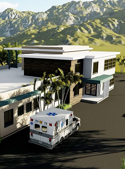 a white ambulance parked in front of a building