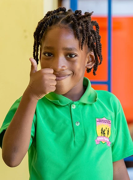 a child with a thumb up