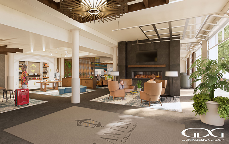 a room with a fireplace and people sitting in chairs