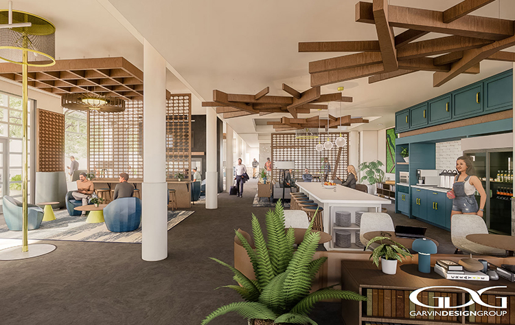 a room with a large table and chairs