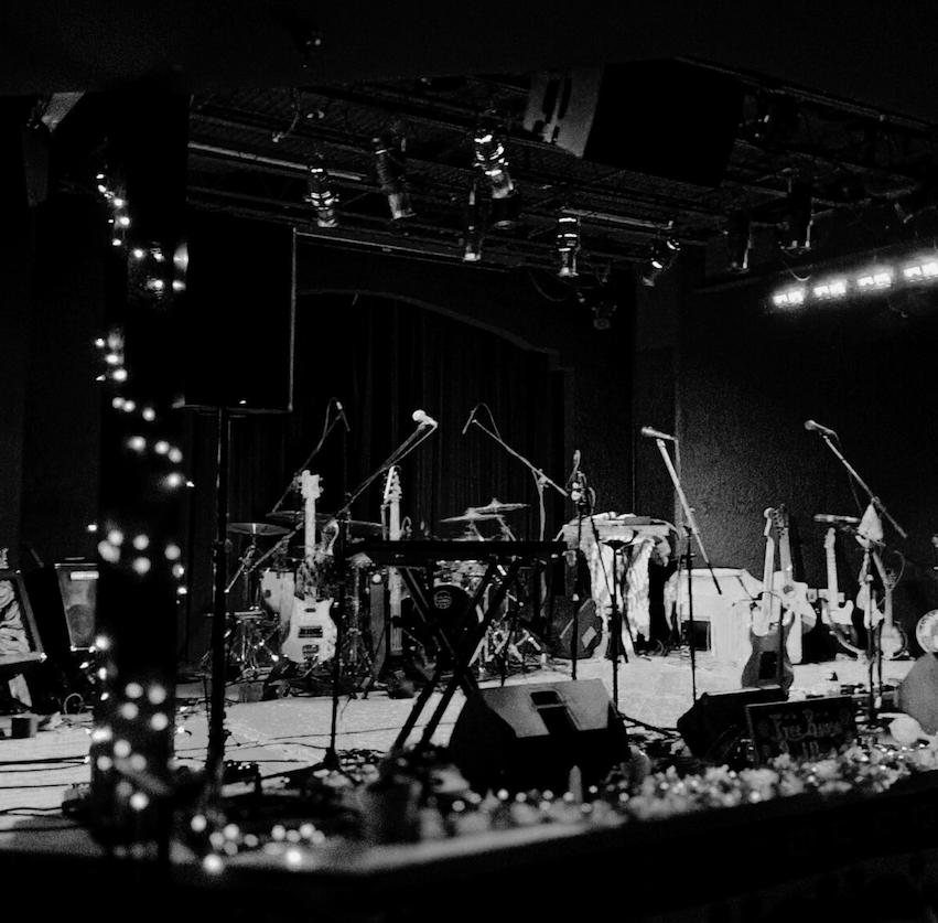 a stage with a set of instruments