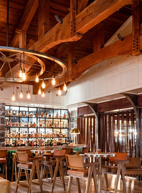 a bar with a bar and a shelf of liquor