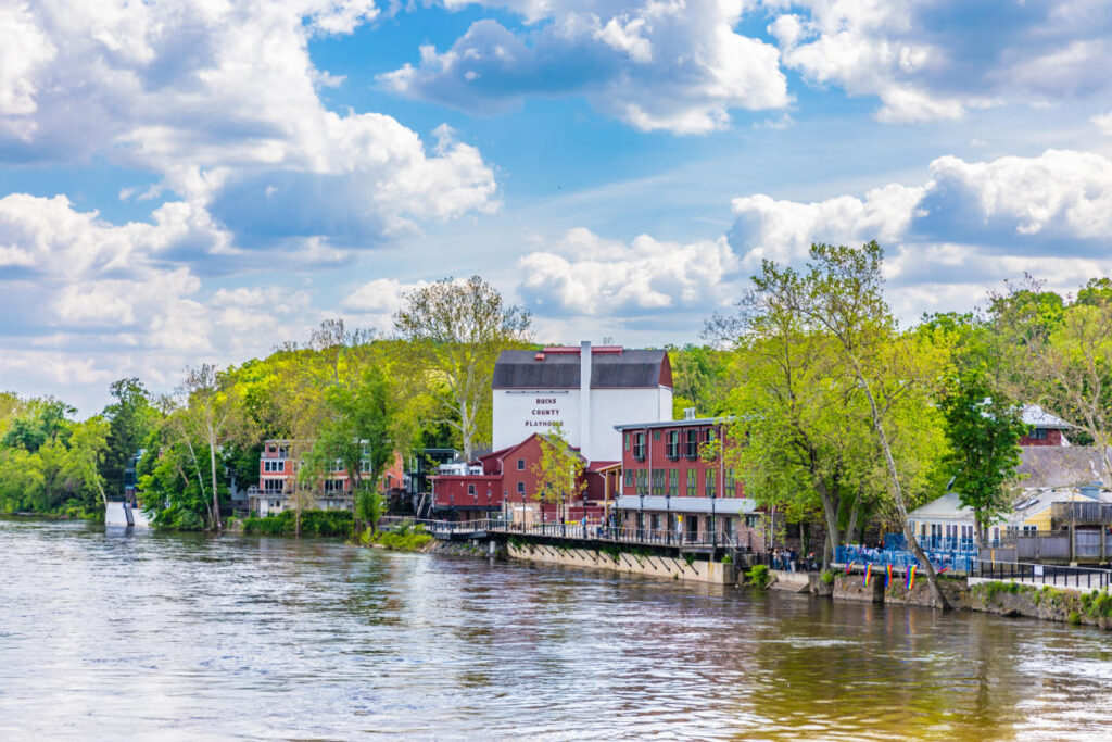 a river with trees and buildings