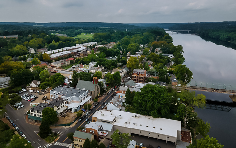 a city with trees and a river