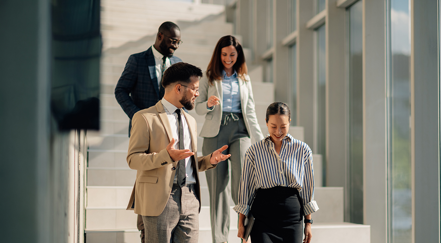 a group of people standing on stairs