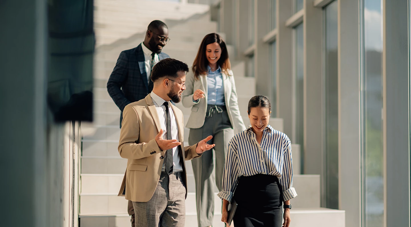 a group of people standing on stairs