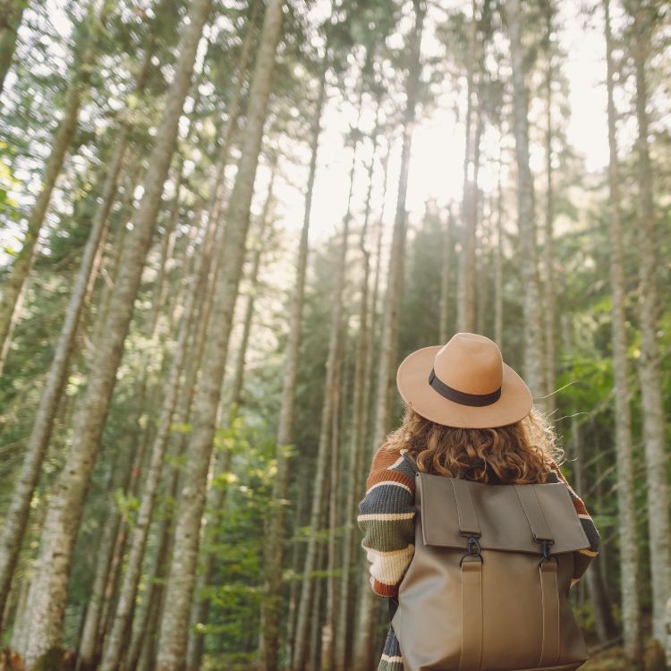 a woman wearing a hat and backpack in a forest