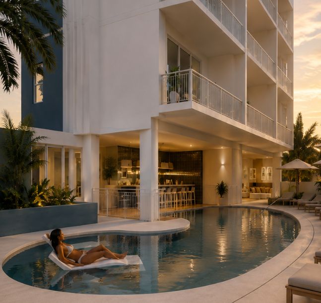 a woman in a garment lying in a pool by a building