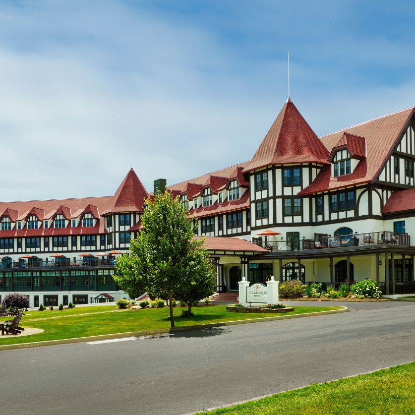 a large building with a red roof