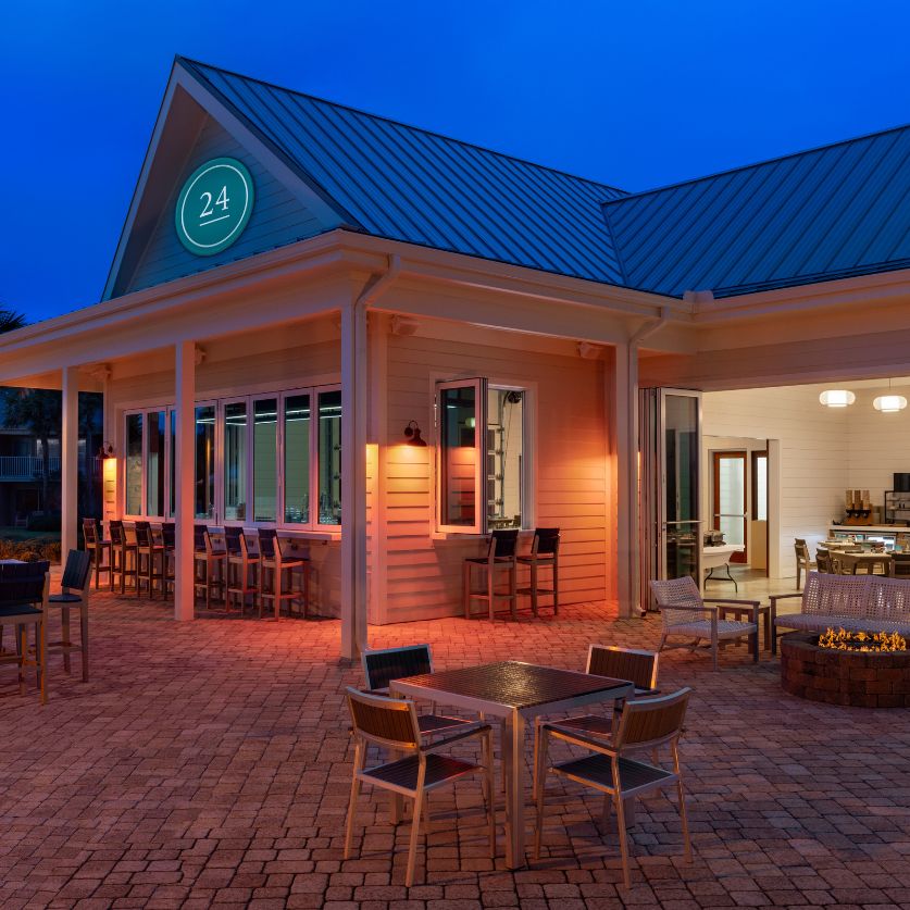 a building with tables and chairs