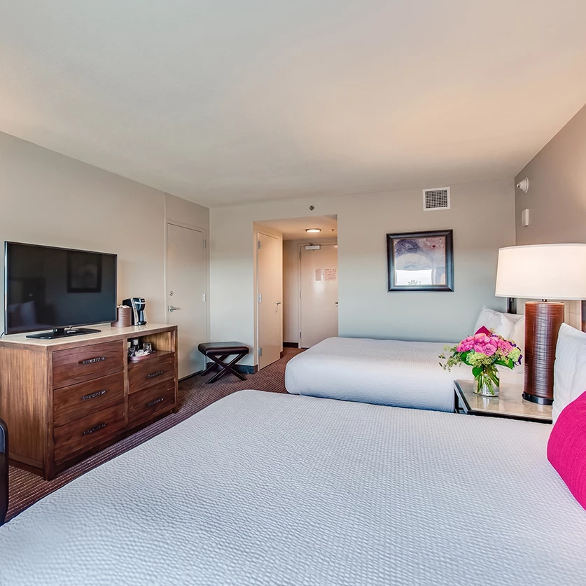 a room with two beds and a television