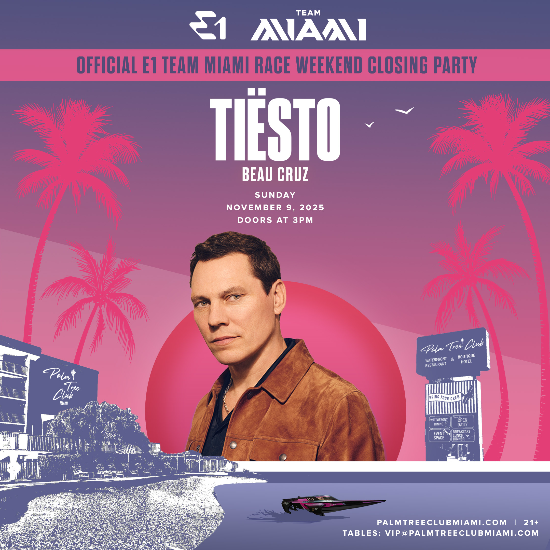 a man in brown jacket and pink background with buildings and palm trees