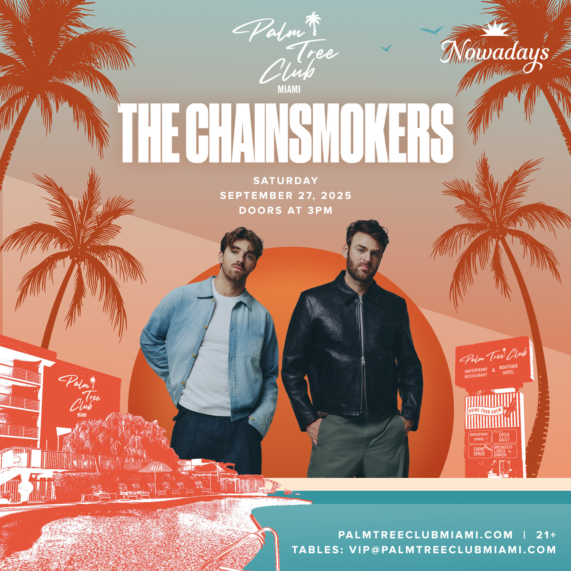 a couple of men standing in front of palm trees