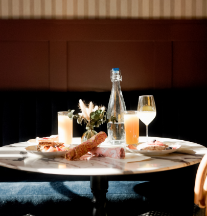 a table with food and drinks on it