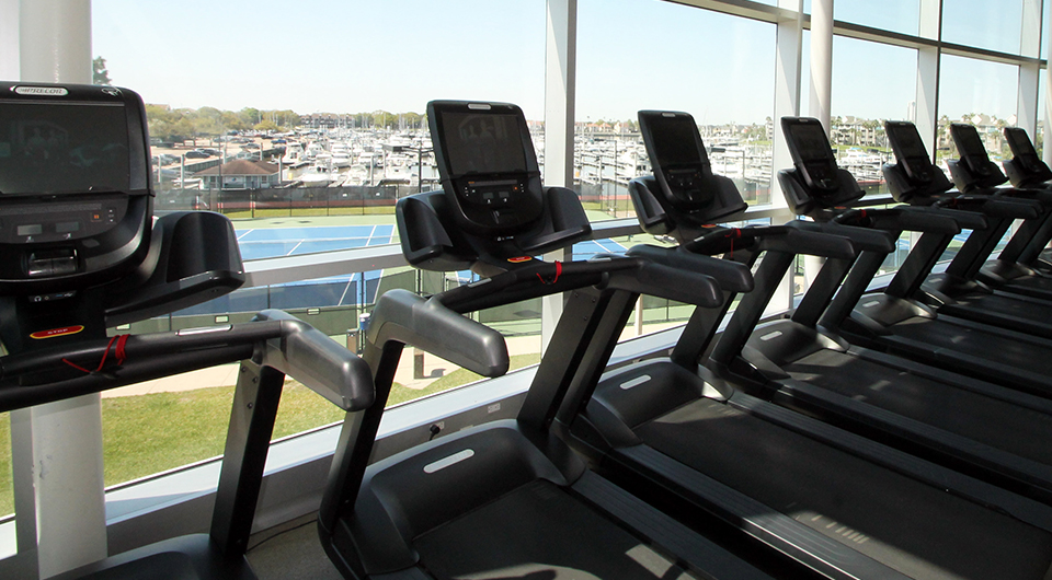 a group of treadmills in a gym