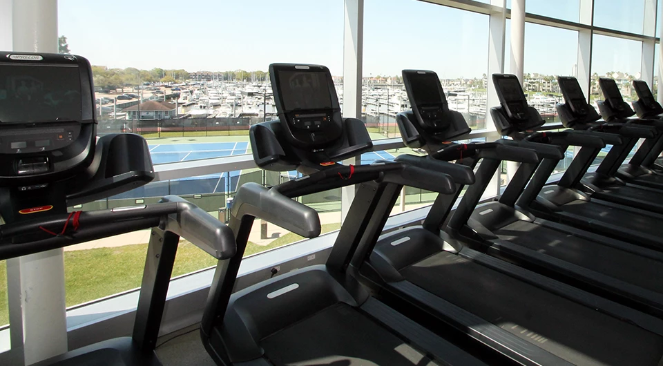 a group of treadmills in a gym