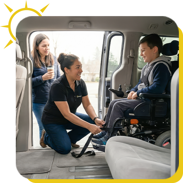 a woman helping a child in a wheelchair