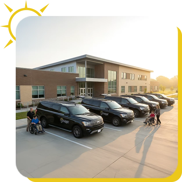 a group of people standing in a parking lot